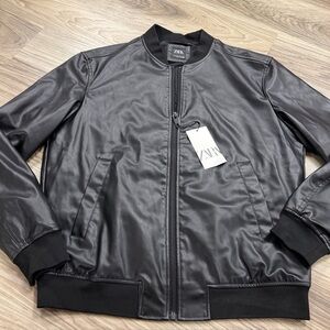 ZARA Faux Leather Bomber Jacket Black Classic Zip Up Lightweight Men’s XL NWT
